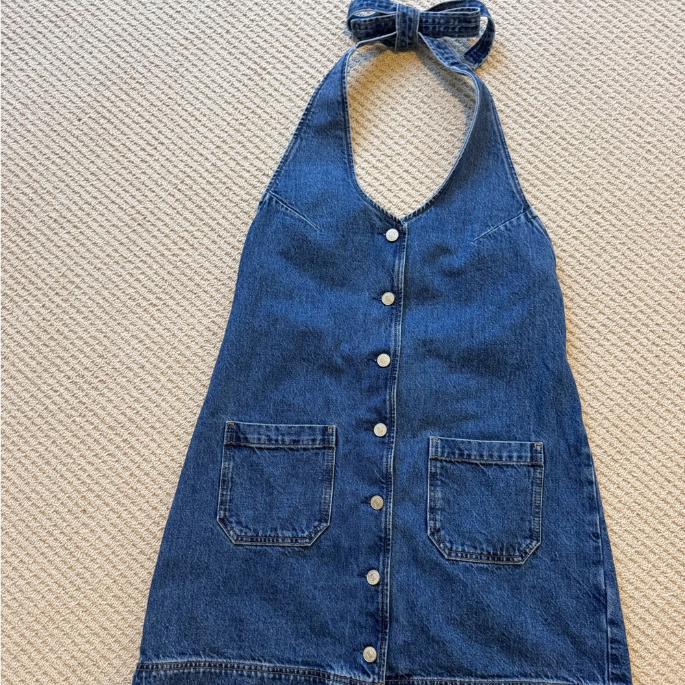 Reformation Blue Denim Halter Button-Front Dress